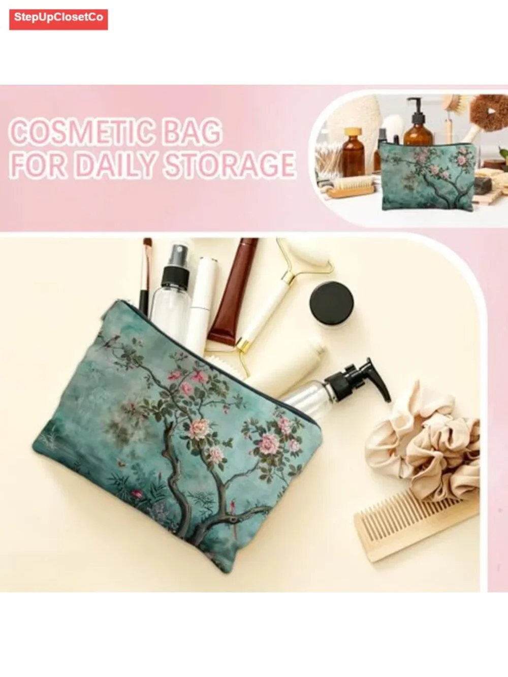 Vintage Chinoiserie Floral Linen Makeup Bag Cosmetic Pouch Travel Toiletry